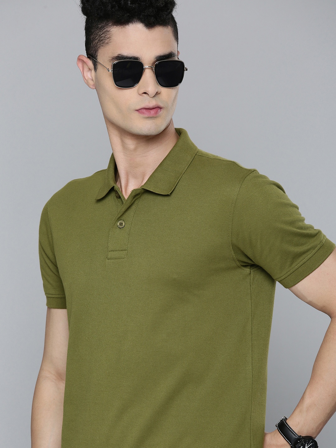 

Flying Machine Men Olive Green Solid Polo Collar Knitted Slim Fit T-shirt
