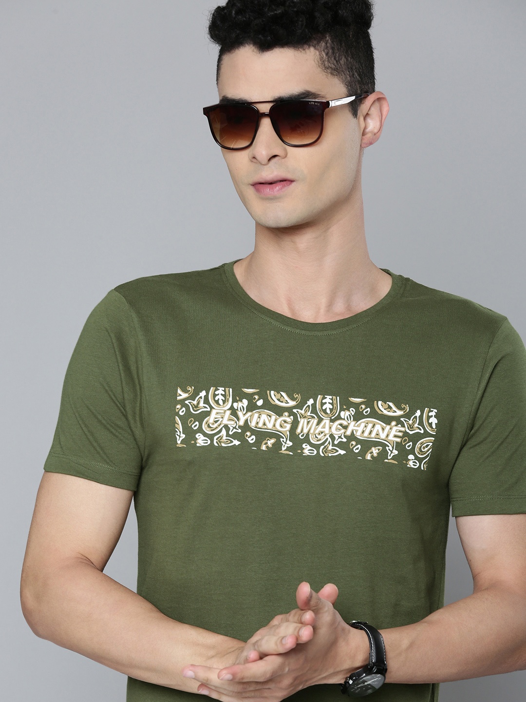 

Flying Machine Men Olive Green Brand Logo Print Pure Cotton Slim Fit T-shirt