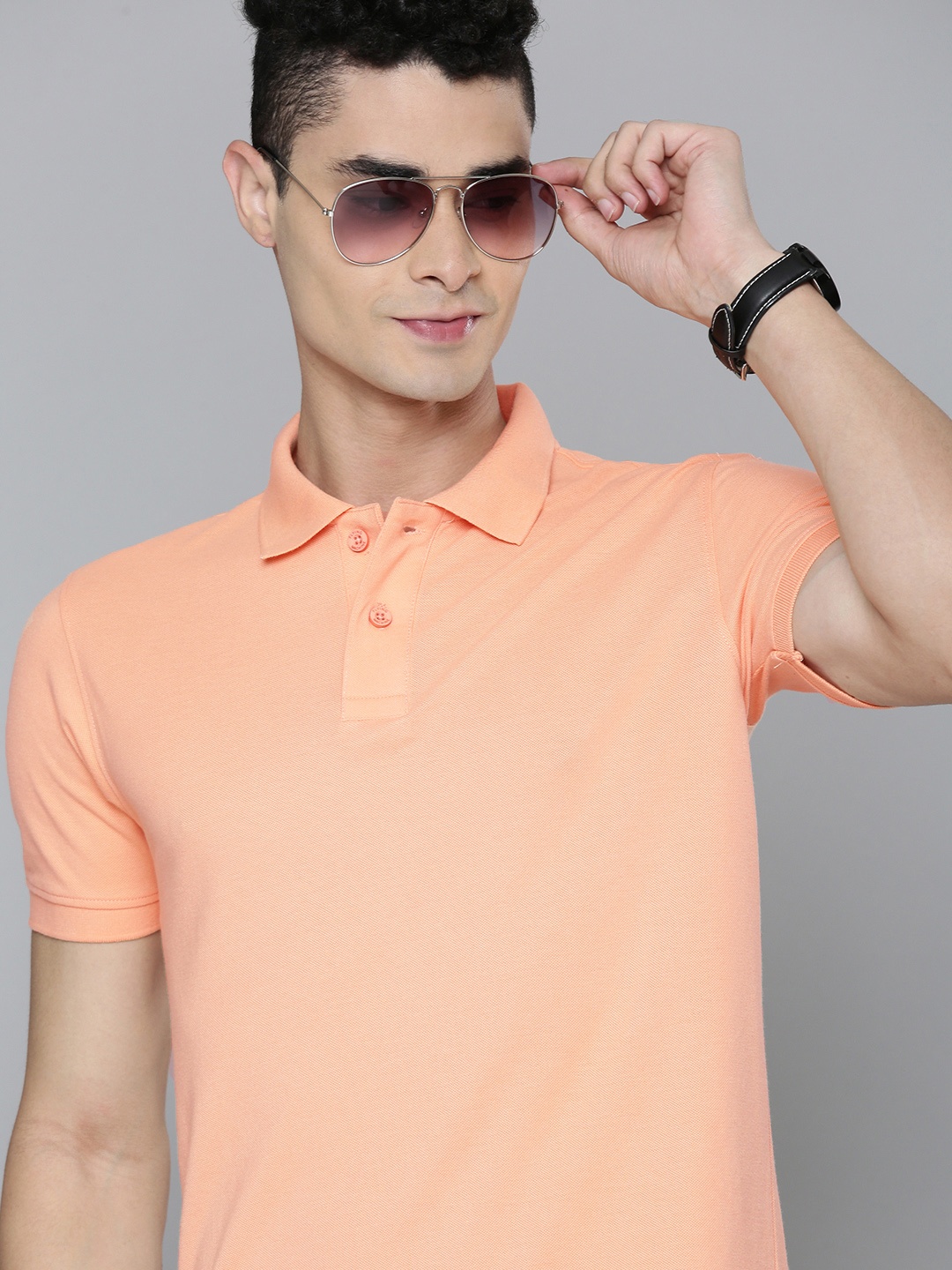 

Flying Machine Men Peach-Coloured Solid Polo Collar Slim Fit T-shirt