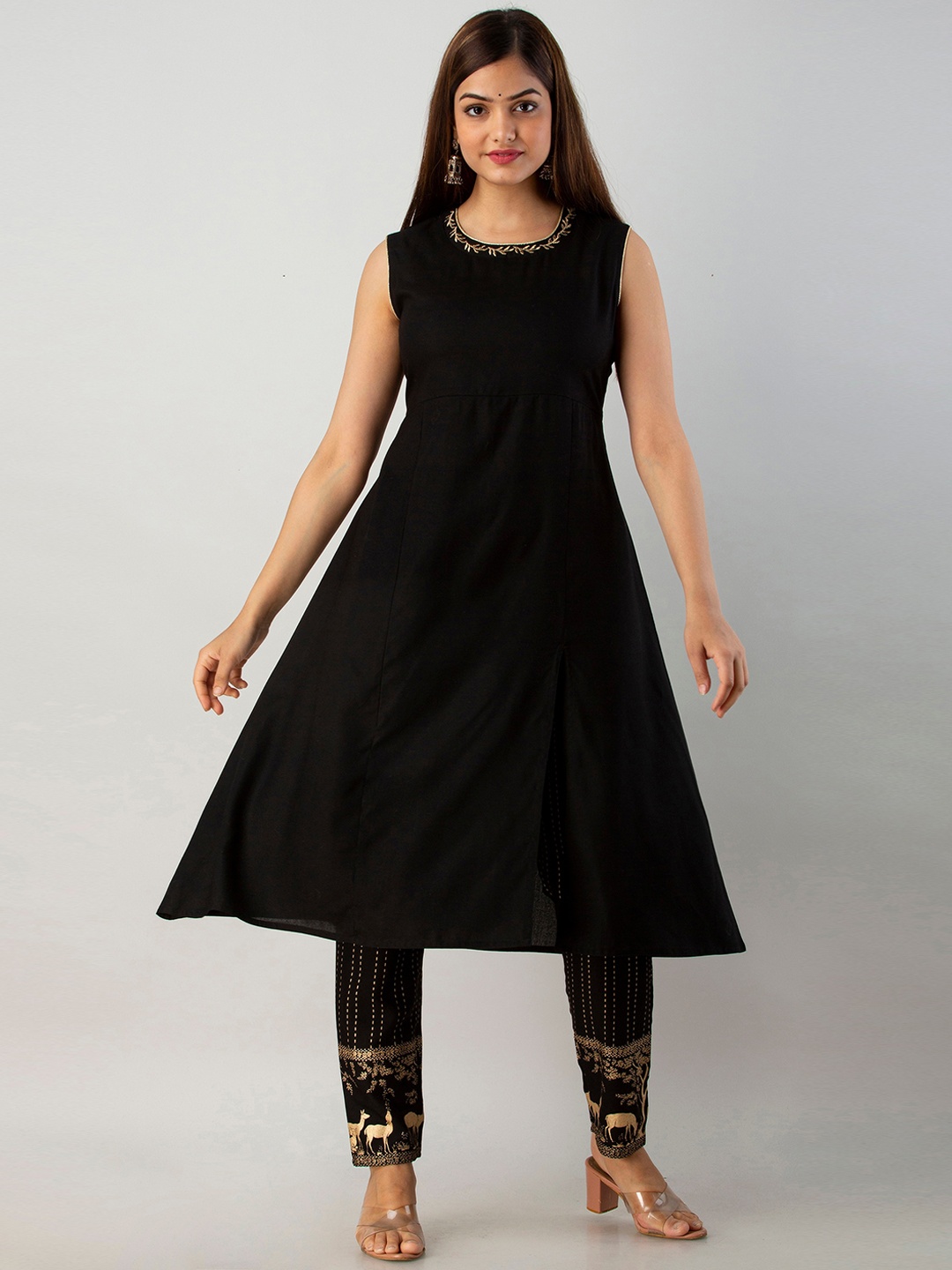 

Shedika Women Black High Slit Kurti with Trousers