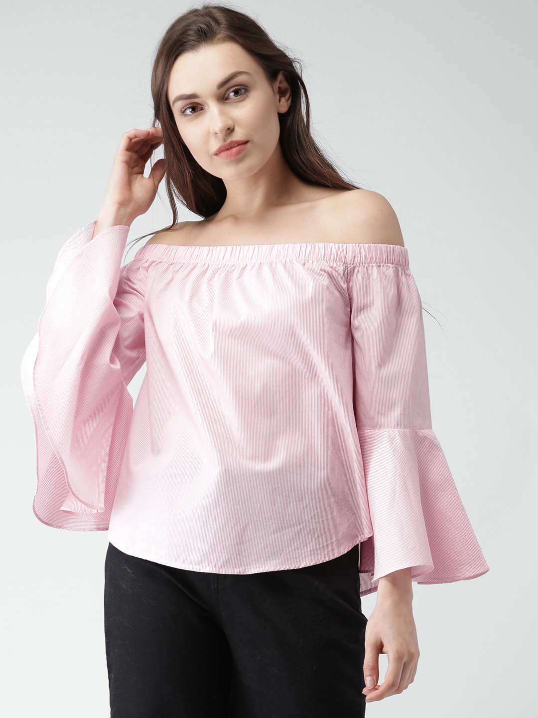 

FOREVER 21 Women Pink Striped Bardot Pure Cotton Top