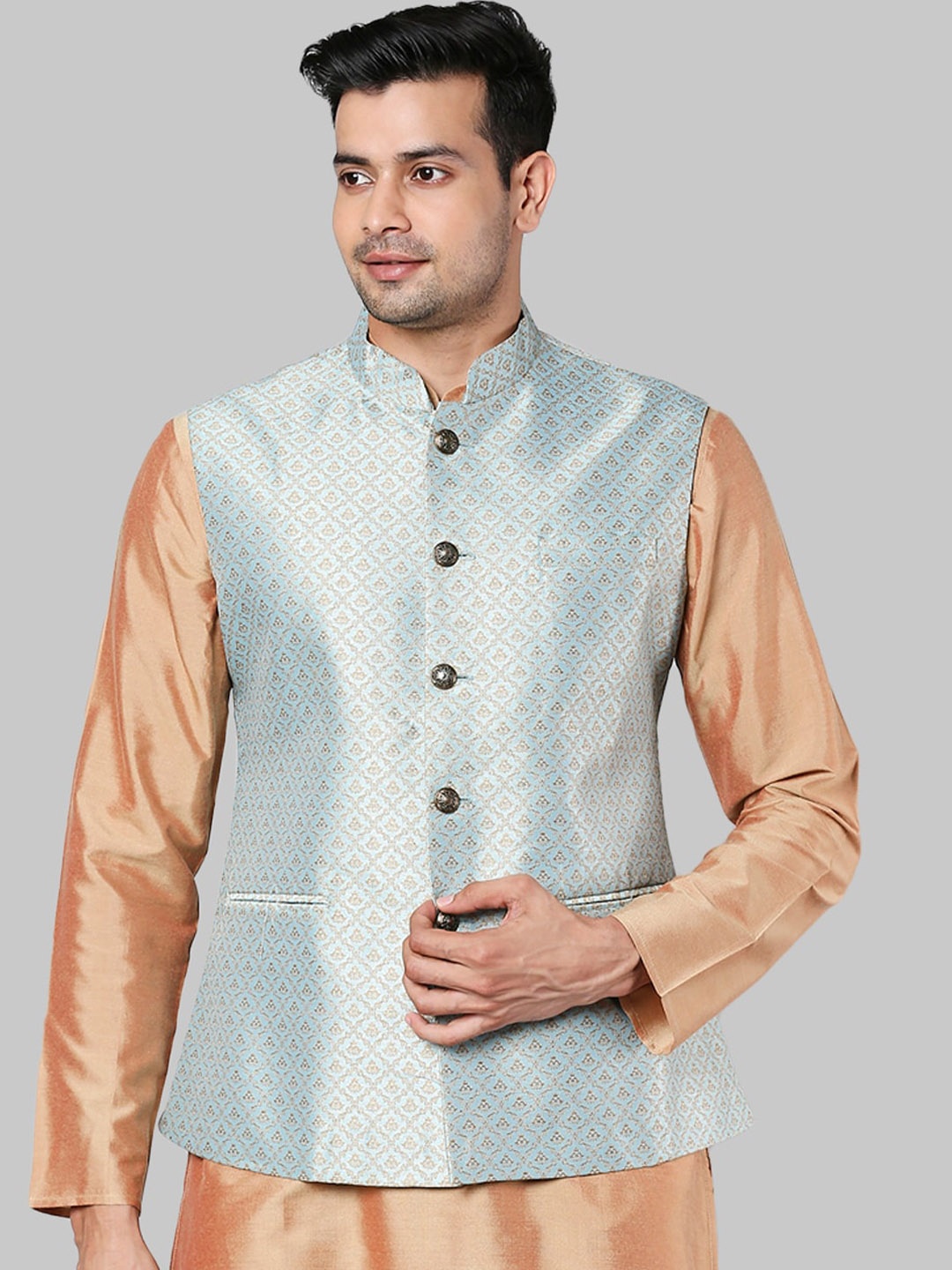 

Ethnix by Raymond Men Blue & Gold-Colored Woven Design Nehru Jackets