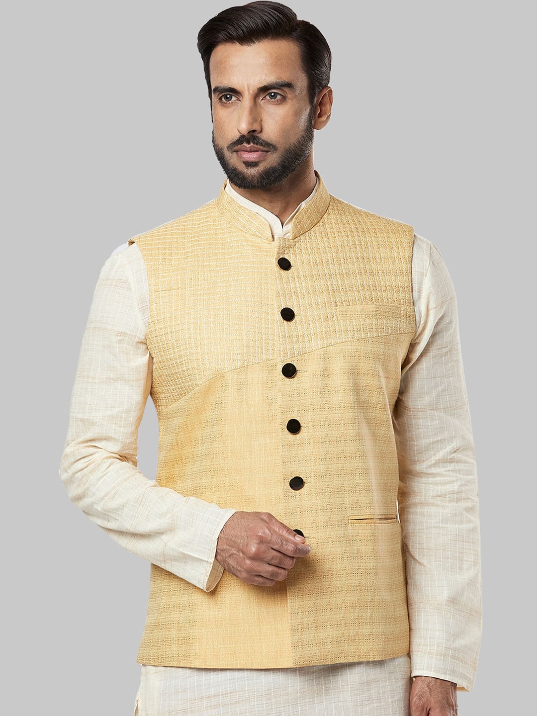 

Ethnix by Raymond Men Beige Solid Woven Nehru Jackets