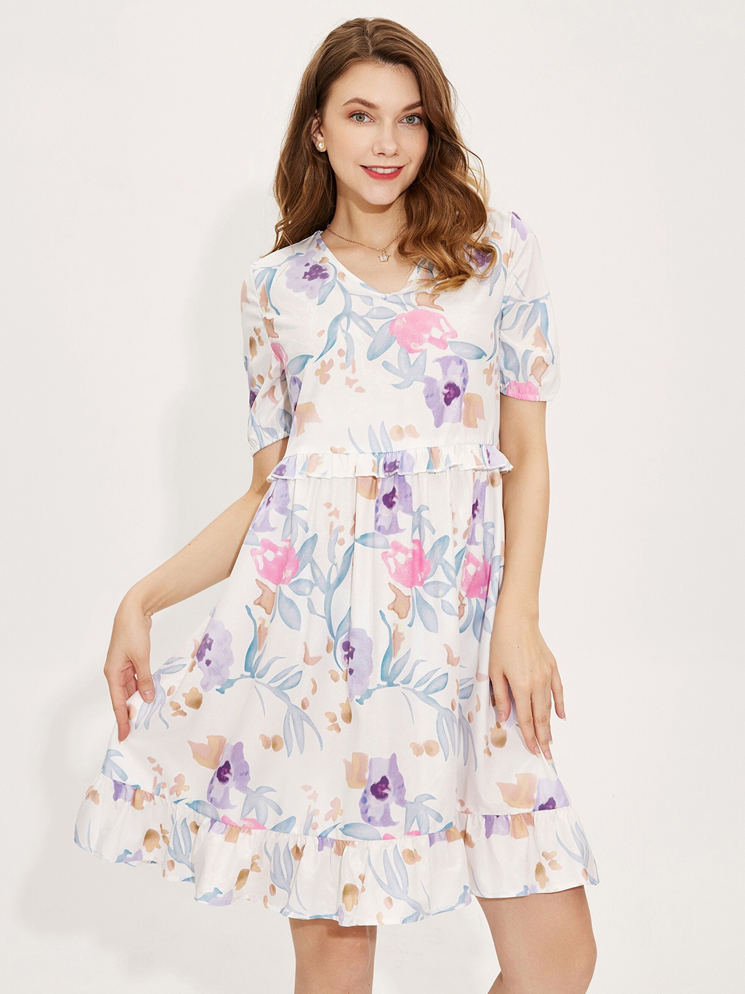 

URBANIC White Floral Ruffled Tiered Dress