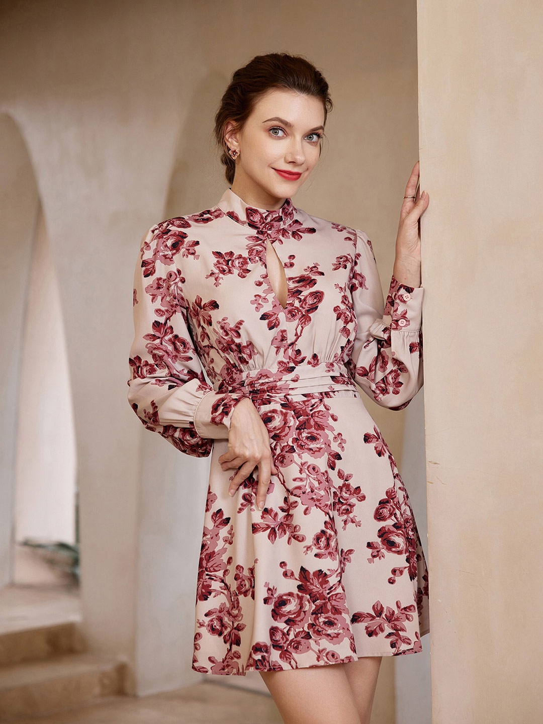 

URBANIC Cream-Coloured & Purple Floral Keyhole Neck Dress