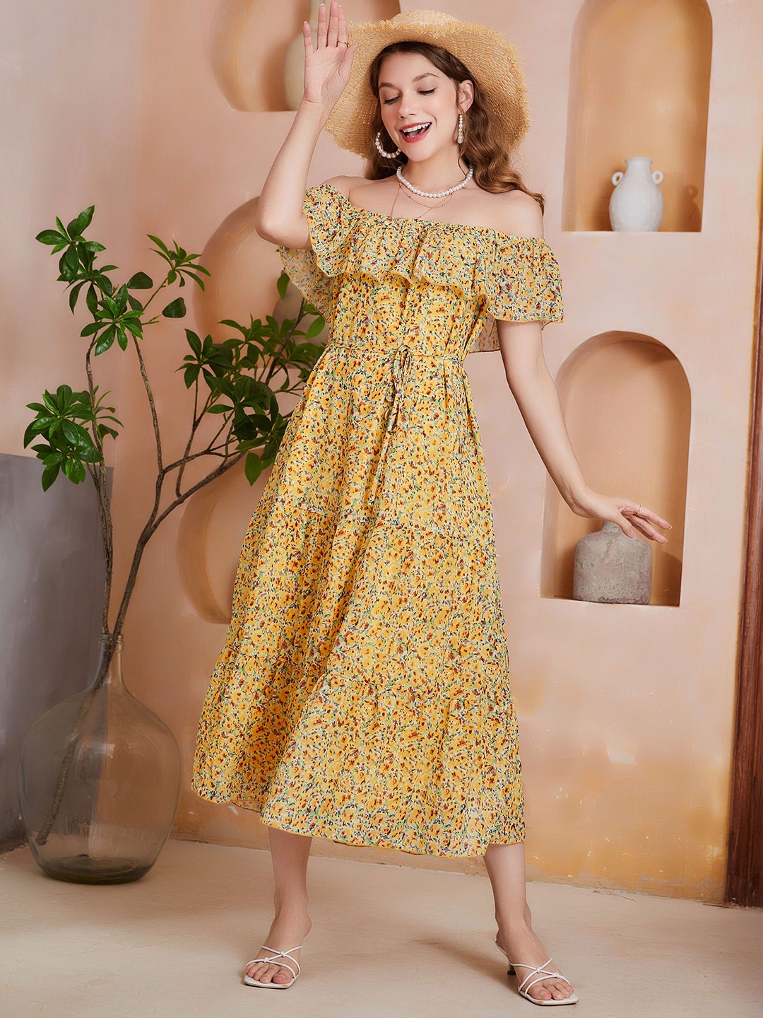 

URBANIC Women Yellow Printed Off-Shoulder A-Line Dress