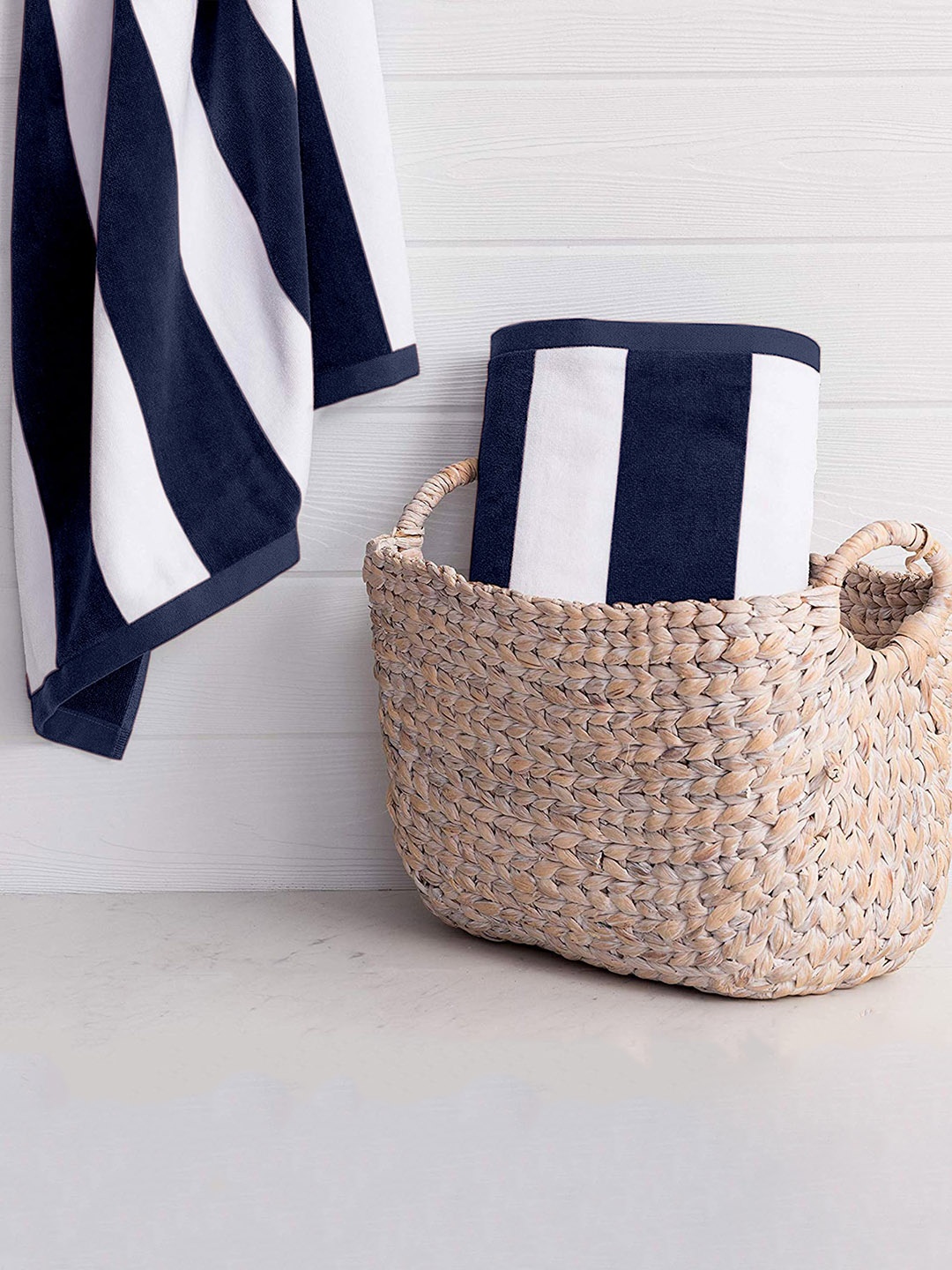 

Lushomes Navy Blue & White Striped 550 GSM Bath Towel