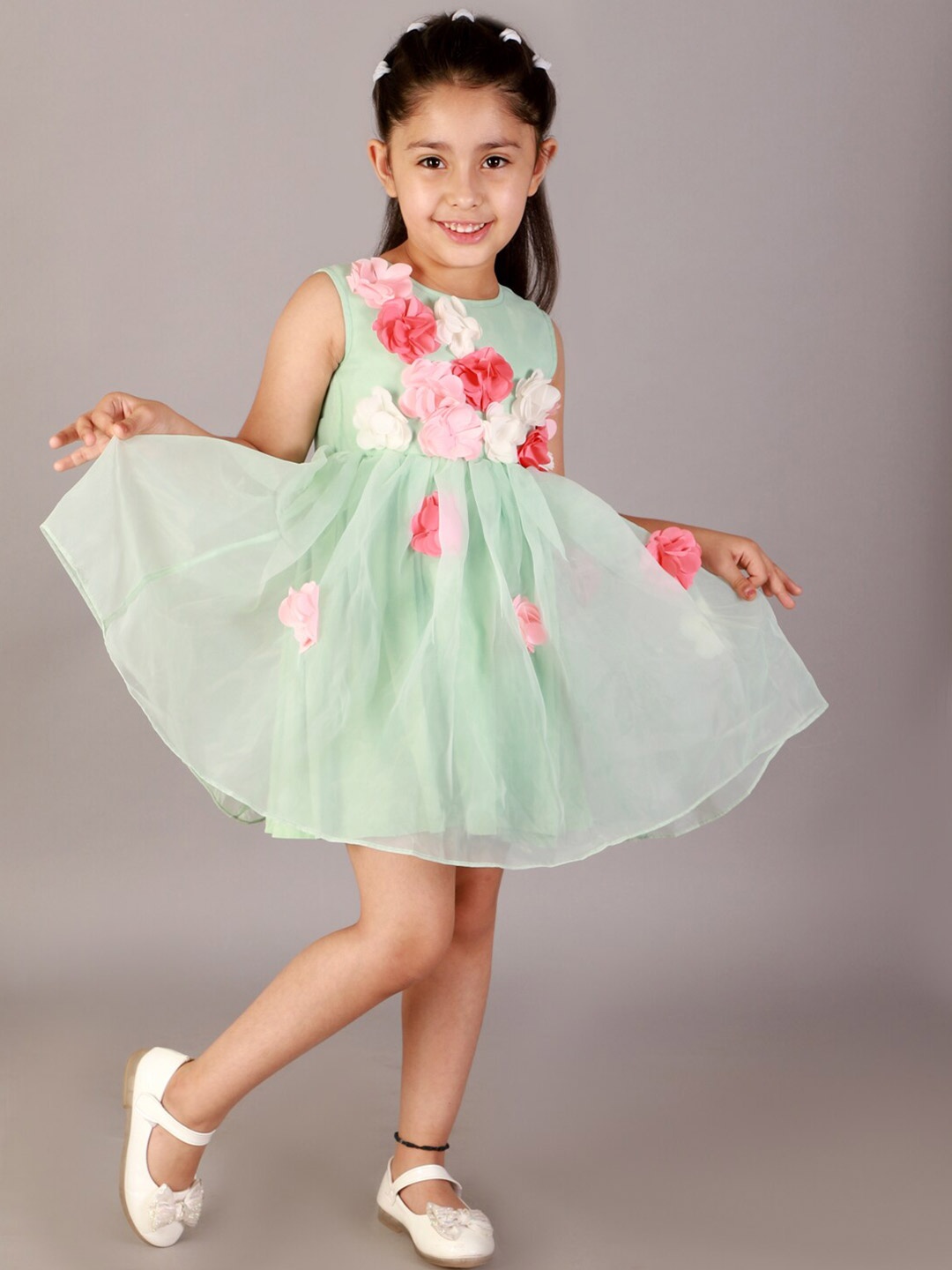 

KidsDew Green & zephyr blue Floral Dress