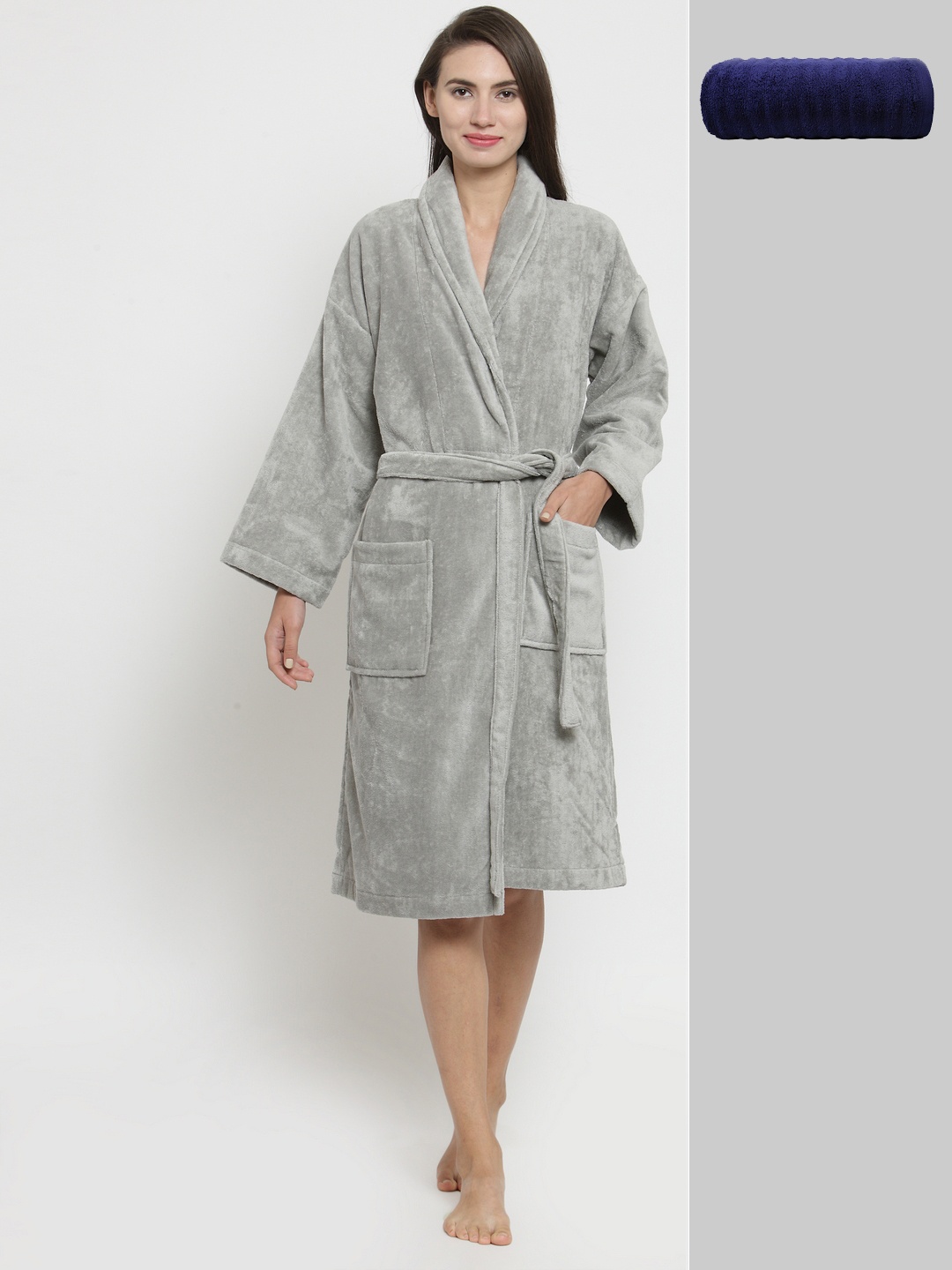

Trident Unisex Grey Solid Bathrobe & 450 GSM Cotton Bath Towel