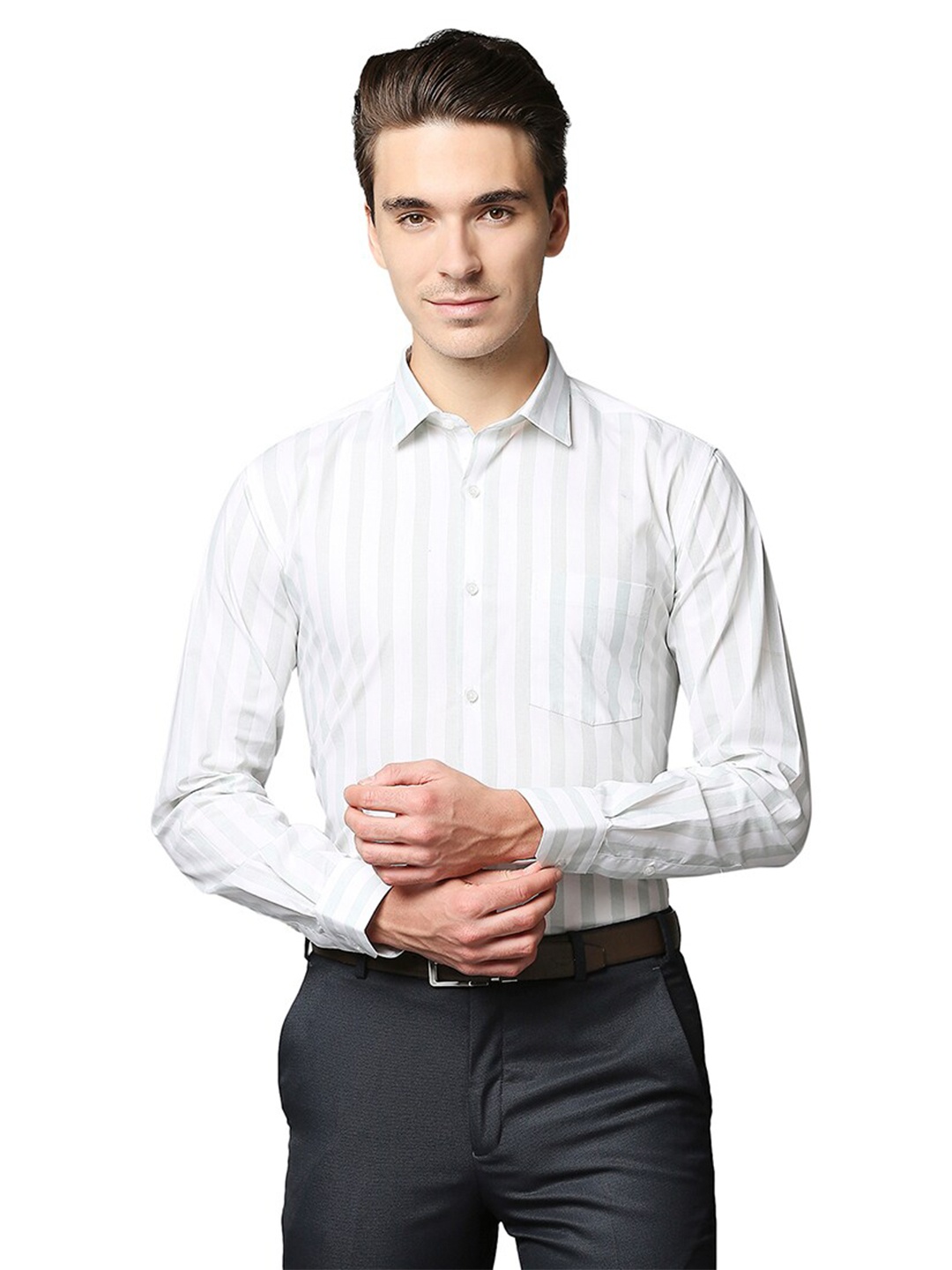 

Park Avenue Men Green Slim Fit Striped Formal Shirt