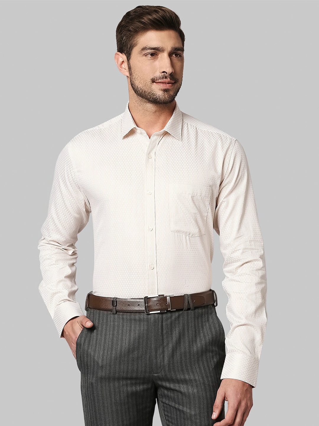 

Park Avenue Men Beige Slim Fit Striped Formal Shirt