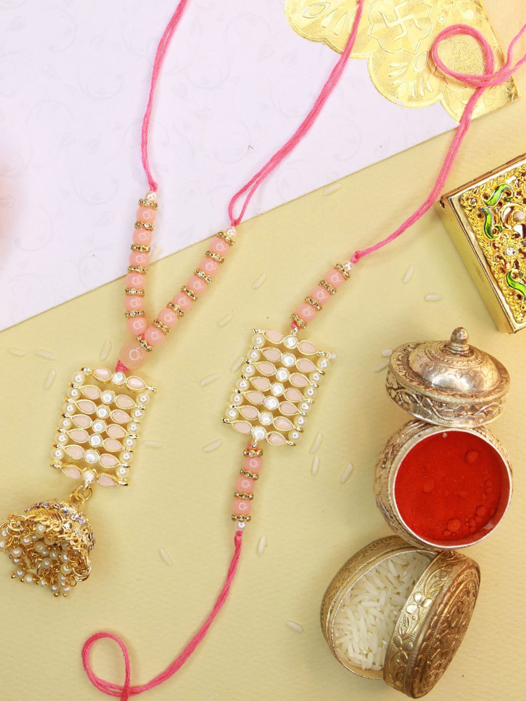 

I Jewels Set of 2 Floral Lumba Rakhi, Peach