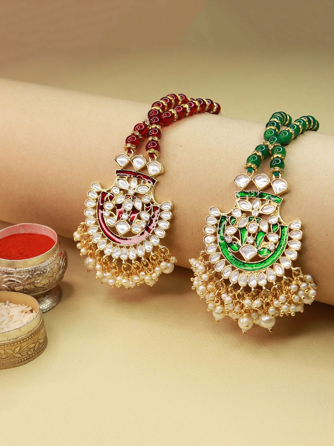 

I Jewels Set of 2 Red & Green Pearl Hanging Floral Lumba Rakhi