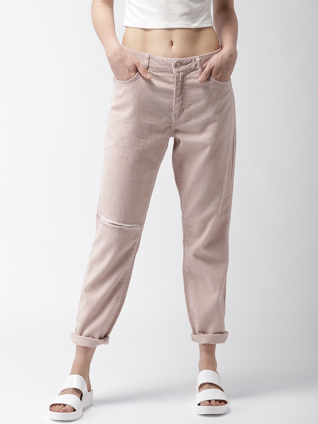 

FOREVER 21 Women Pink Regular Fit Solid Slash Knee Trousers