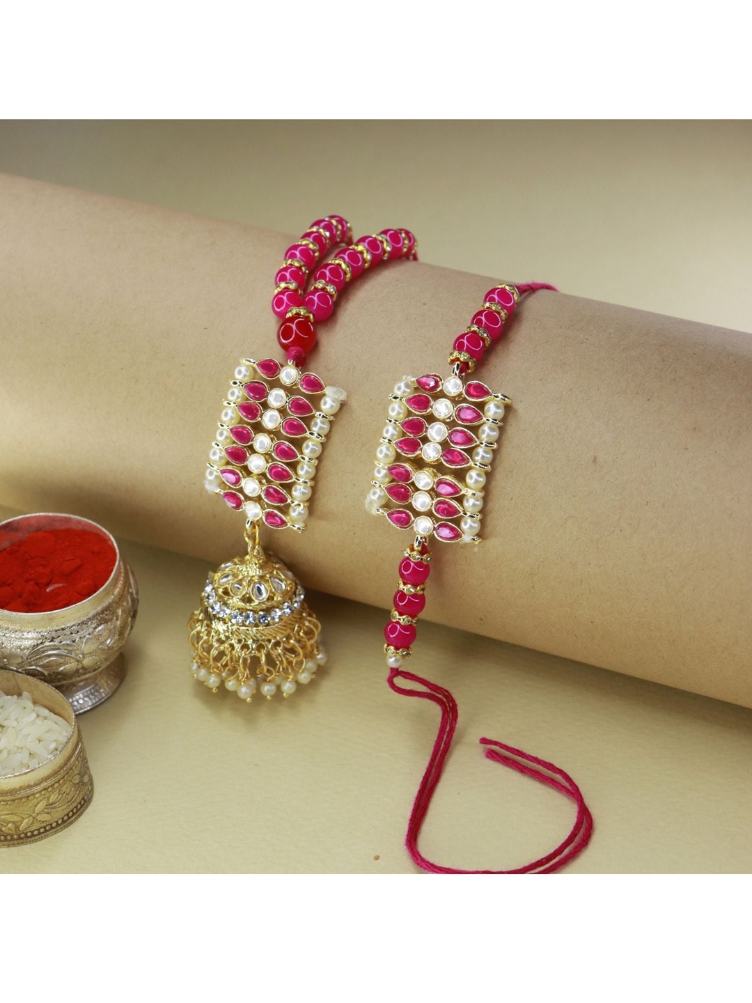 

I Jewels Set Of 2 Pink & White Beaded Lumba & Rakhi