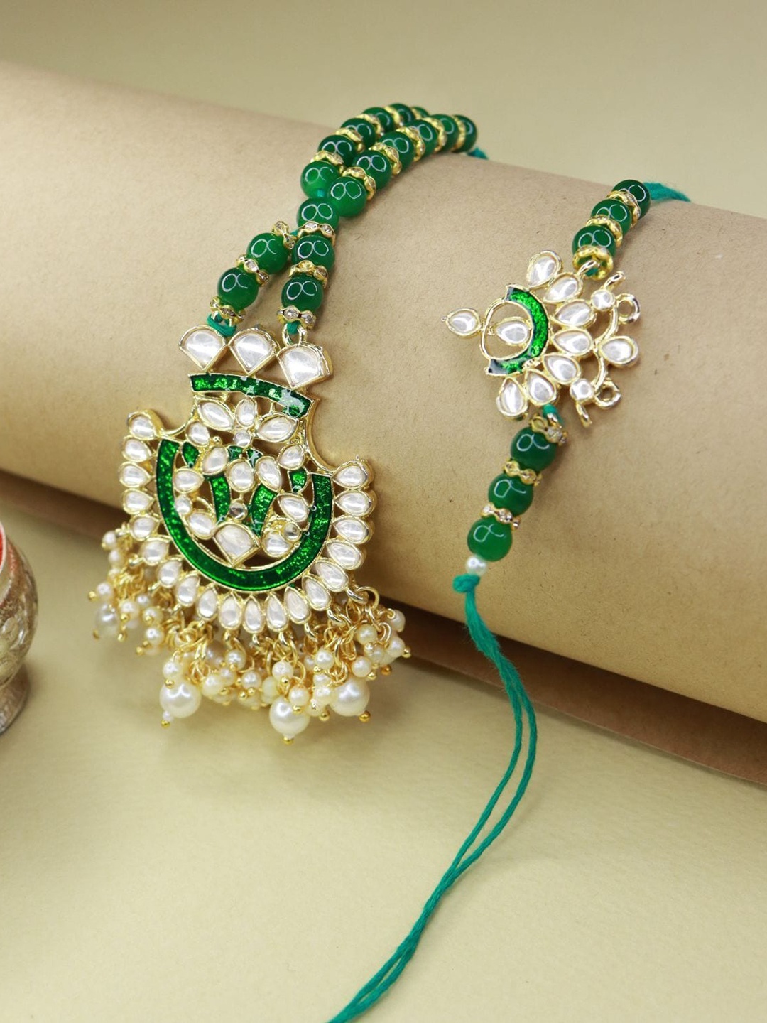 

I Jewels Green Pearl Hanging Floral Lumba Rakhi