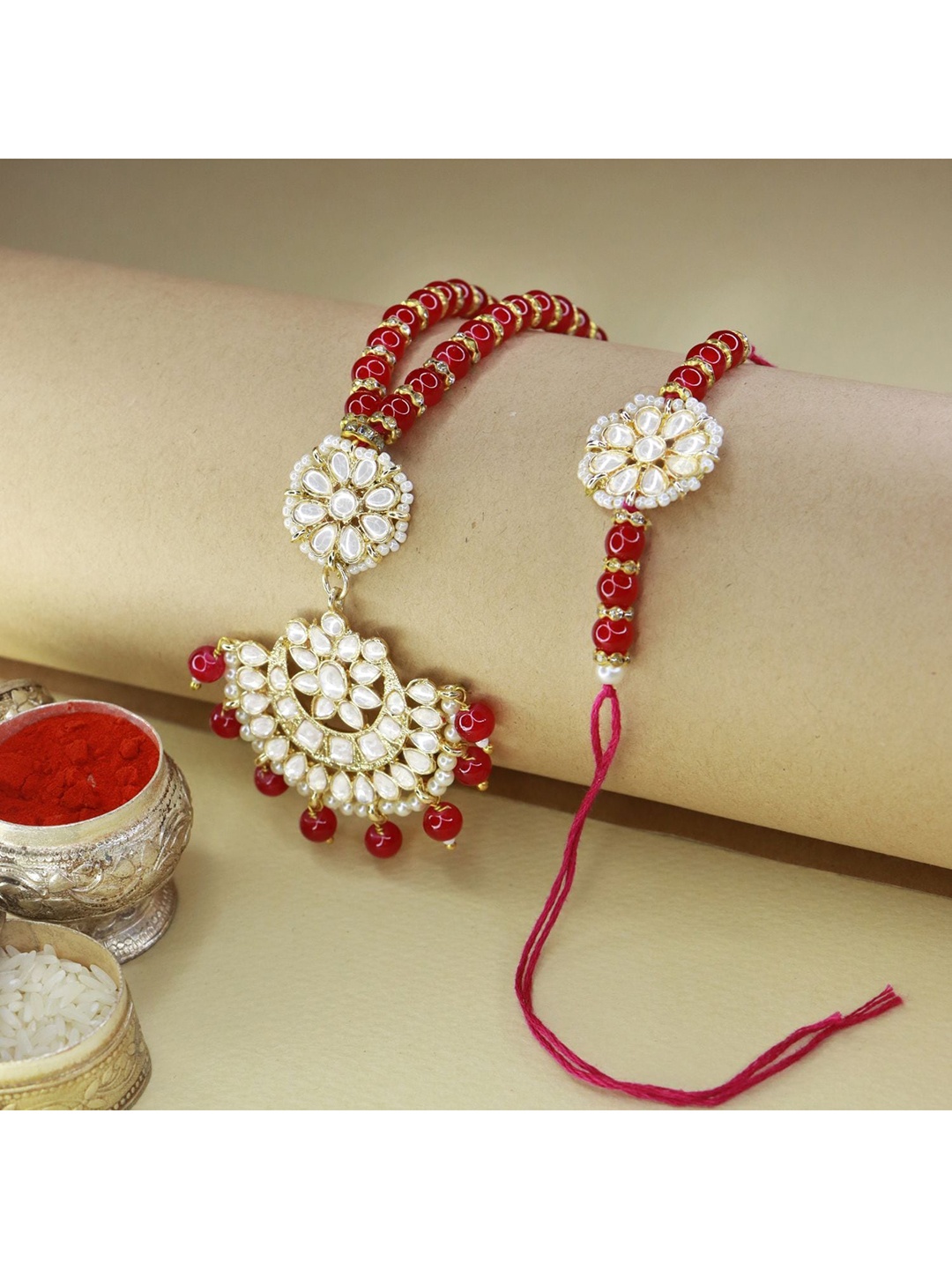 

I Jewels Set of 2 Floral Lumba Rakhi Pack, Red