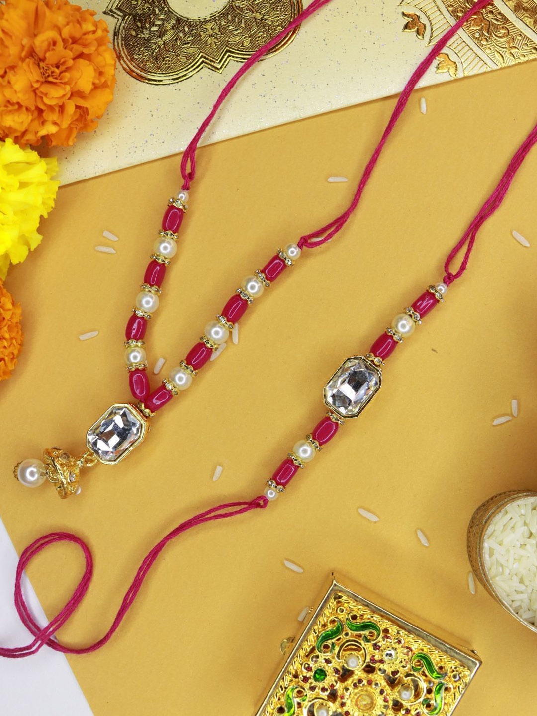 

I Jewels Pack Of 2 Red Designer Hanging Floral Lumba & Rakhi, Pink