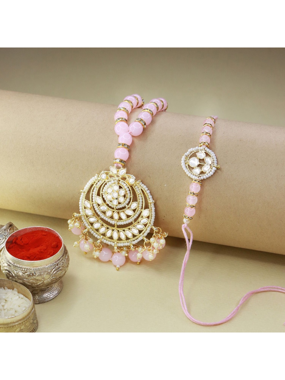 

I Jewels Pack Of 2 Pink Designer Hanging Floral Lumba & Rakhi