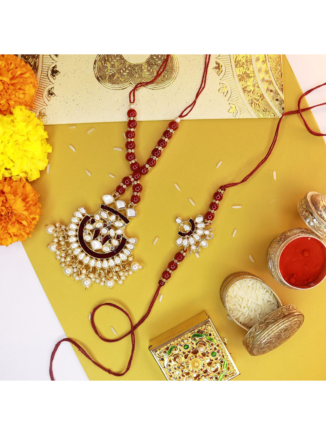 

I Jewels Maroon Pearl Floral Lumba Bhabhi Rakhi