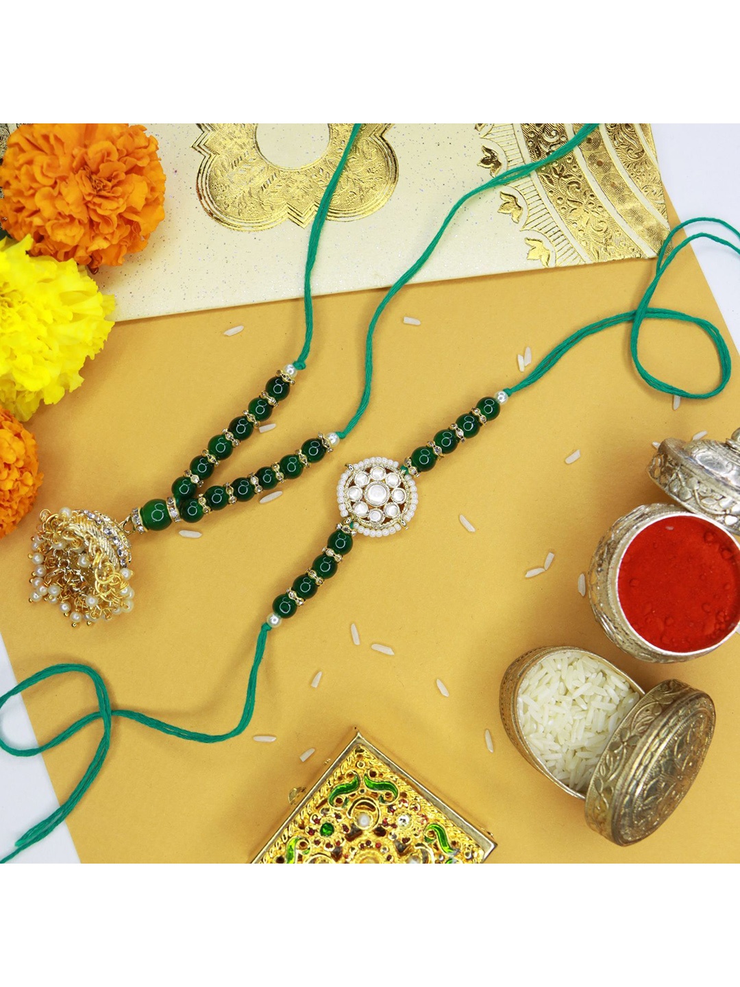 

I Jewels Green Set of 2 Pearl Hanging Bhaiya Bhabhi Rakhi