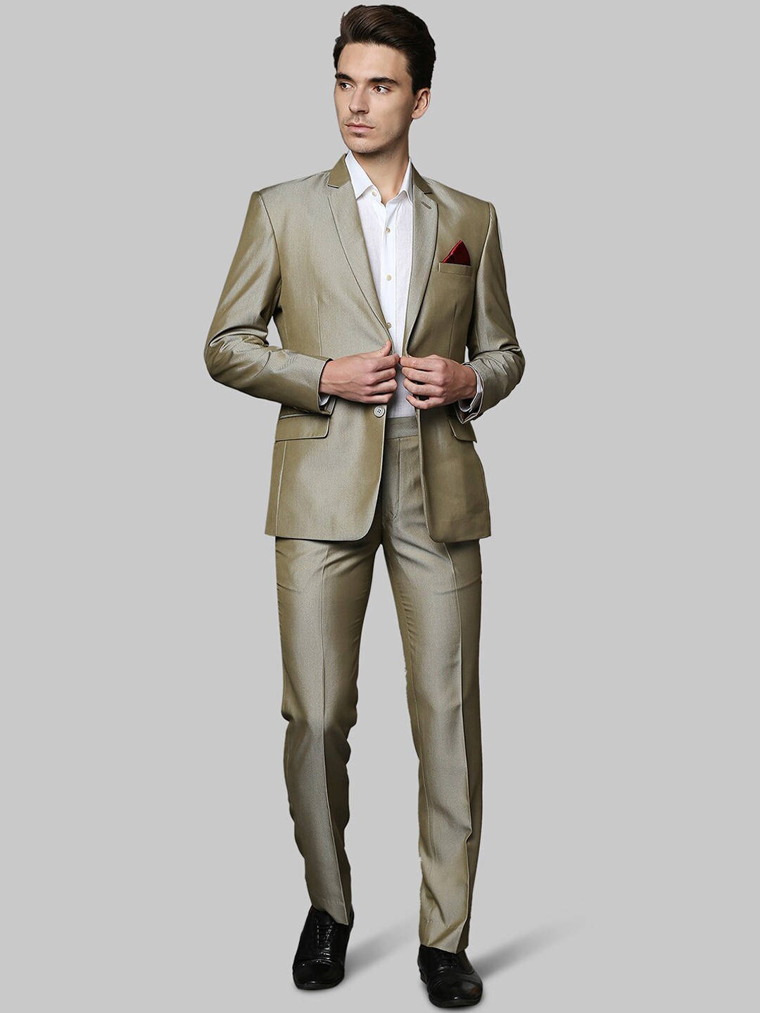 

Park Avenue Men Khaki-Coloured Solid Single-Breasted Formal Two-Piece Formal Suit