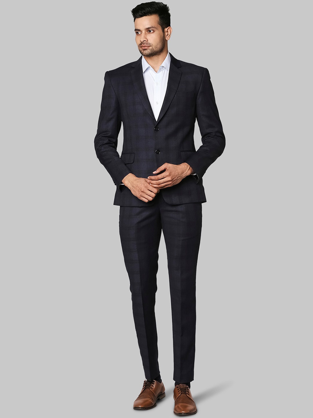 

Park Avenue Men Blue Checked Single-Breasted Super Slim-Fit Two-Piece Formal Suit