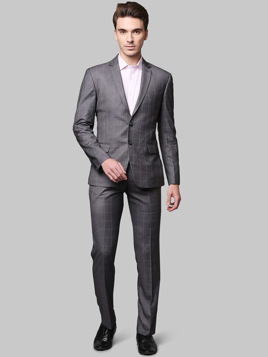 

Park Avenue Men Grey Checked Single-Breasted Two-Piece Formal Suit