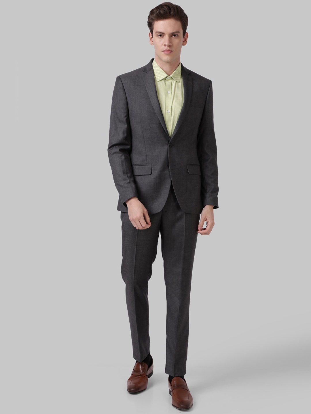 

Park Avenue Men Grey Solid Single-Breasted Two-Piece Formal Suit