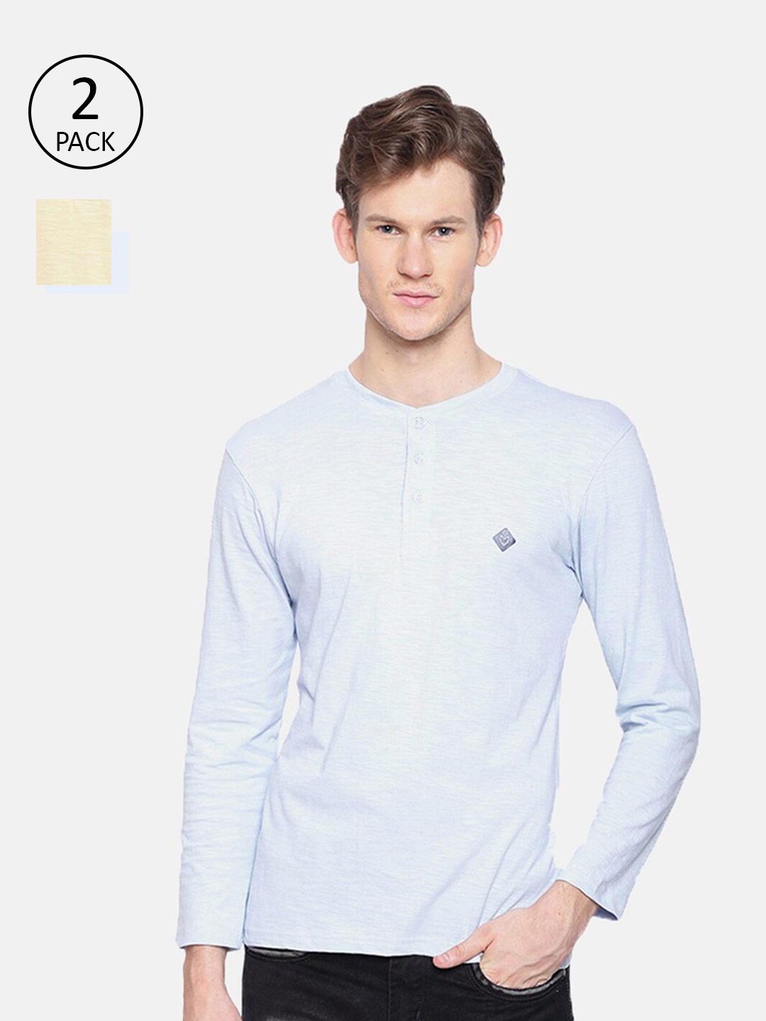

Almo Wear Men Blue, NudePack of 2 Henley Neck Extended Sleeves Applique T-shirt