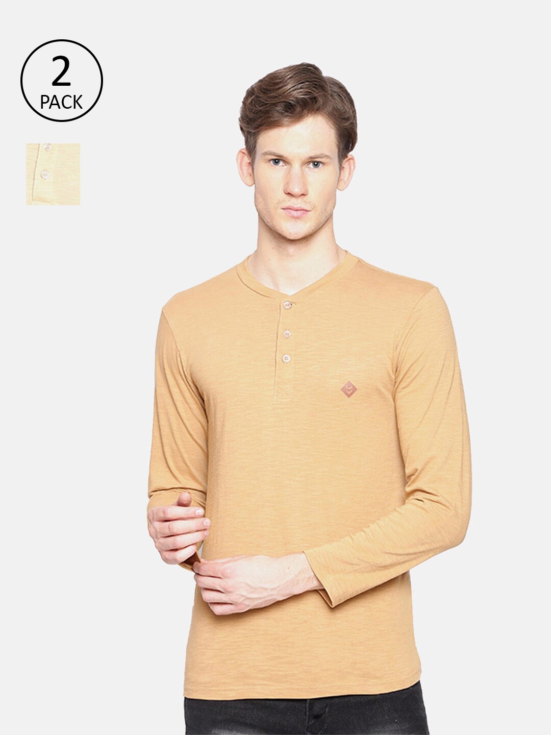 

Almo Wear Men Cream & Orange 2 Henley Neck T-shirt