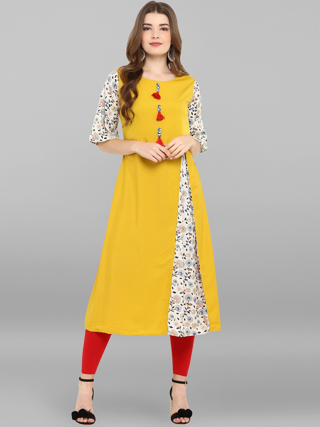 

Janasya Women Yellow Poly Crepe Floral Print A-line Kurta