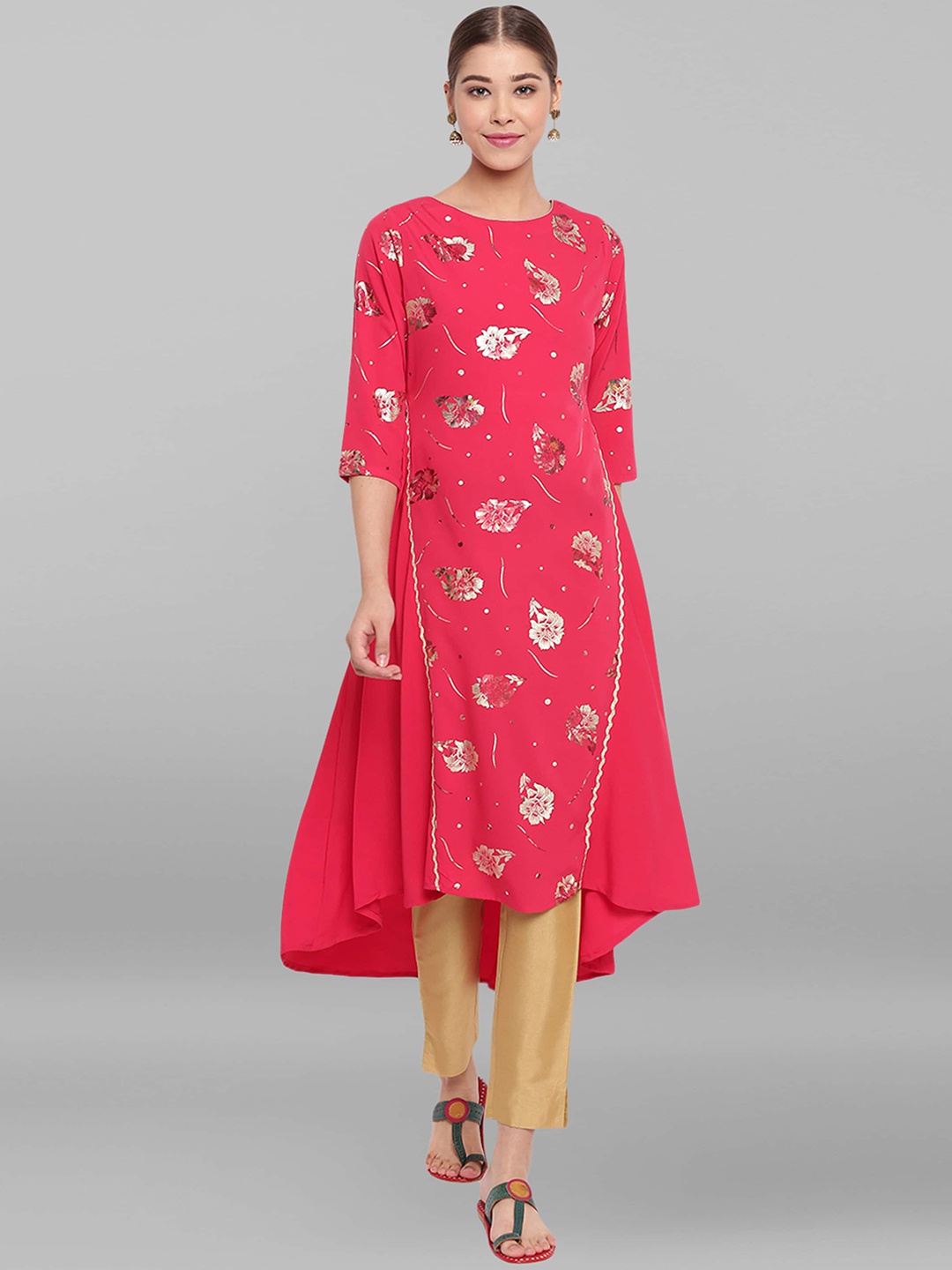 

Janasya Women Pink Poly Crepe Foil Print A-line Kurta