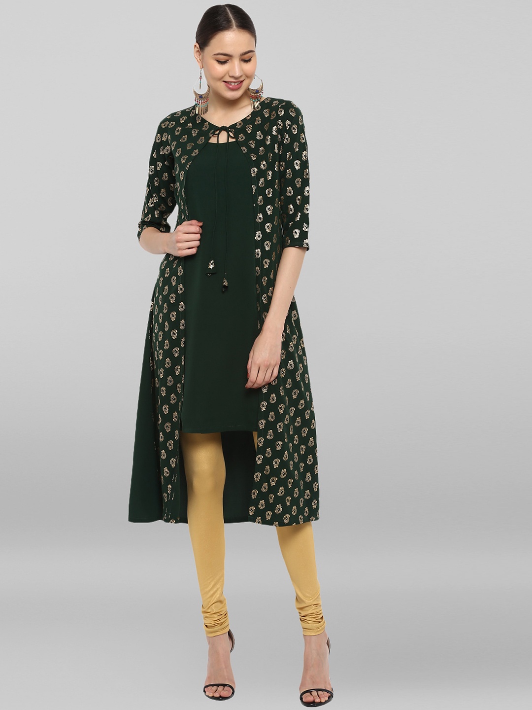 

Janasya Women Green Poly Crepe Gold Print Jacket Kurta