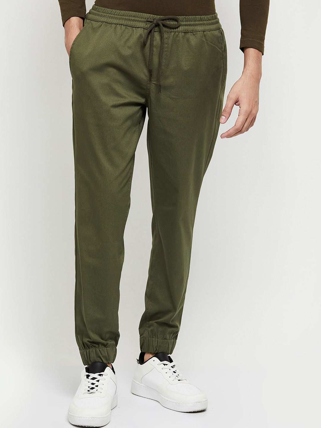 

max Men Green Cotton Solid Joggers Trousers
