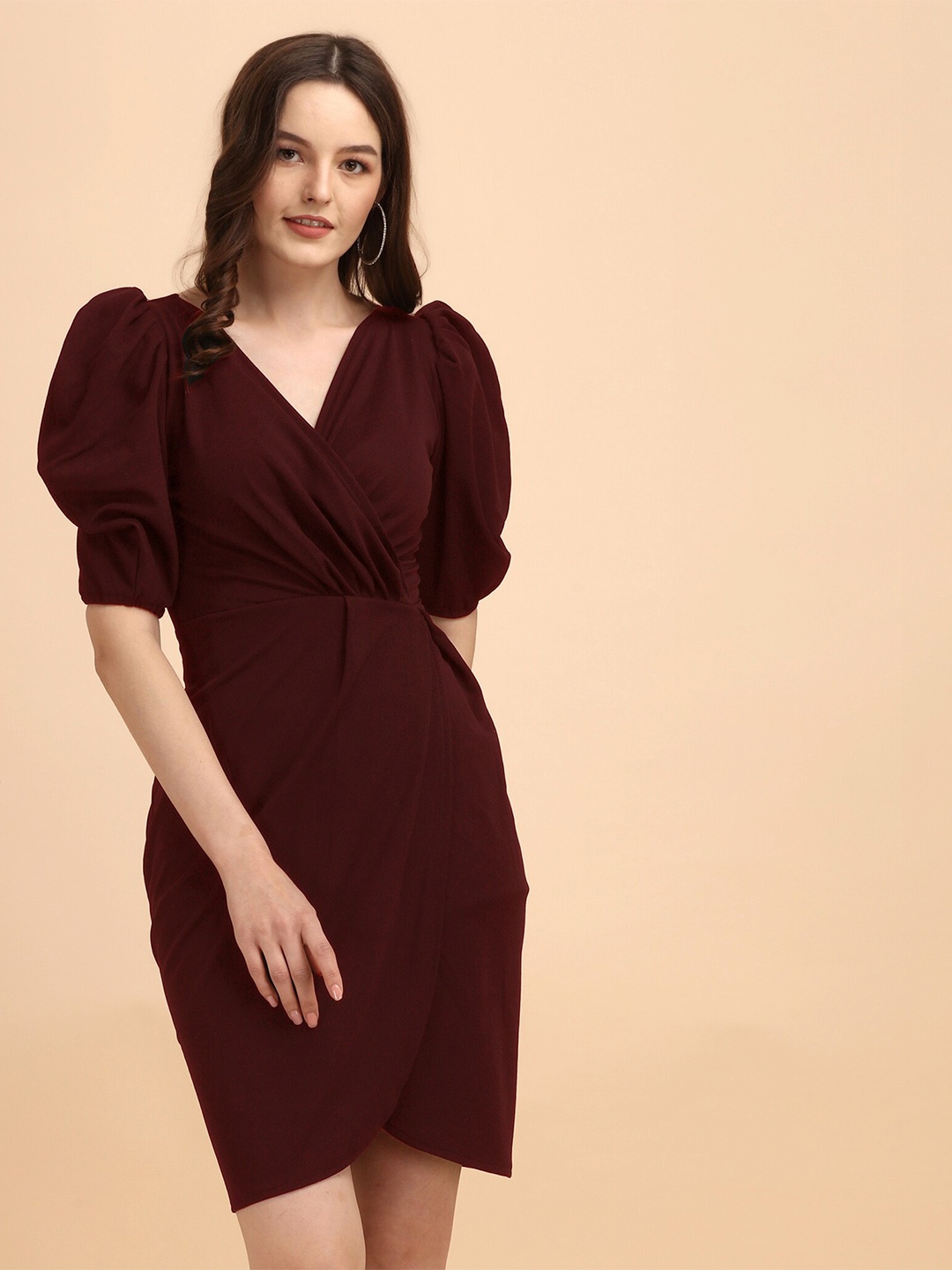 

SHEETAL Associates Maroon Pleated Wrap Dress