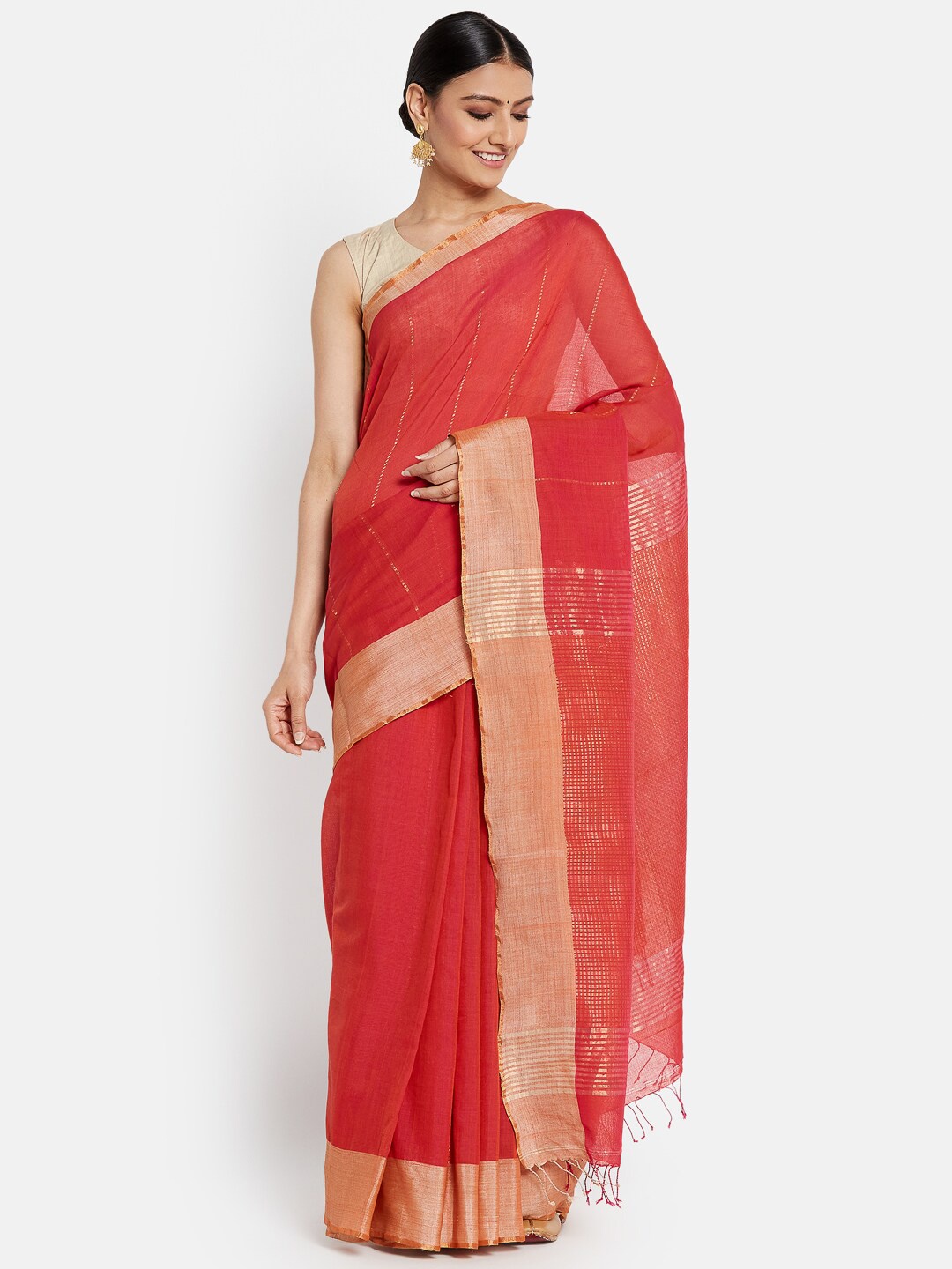 

Fabindia Red Cotton silk Woven Design Saree