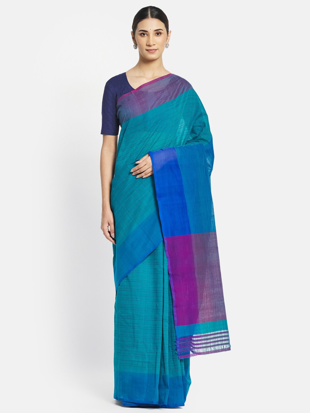 

Fabindia Blue & Pink Woven Design Pure Cotton Saree