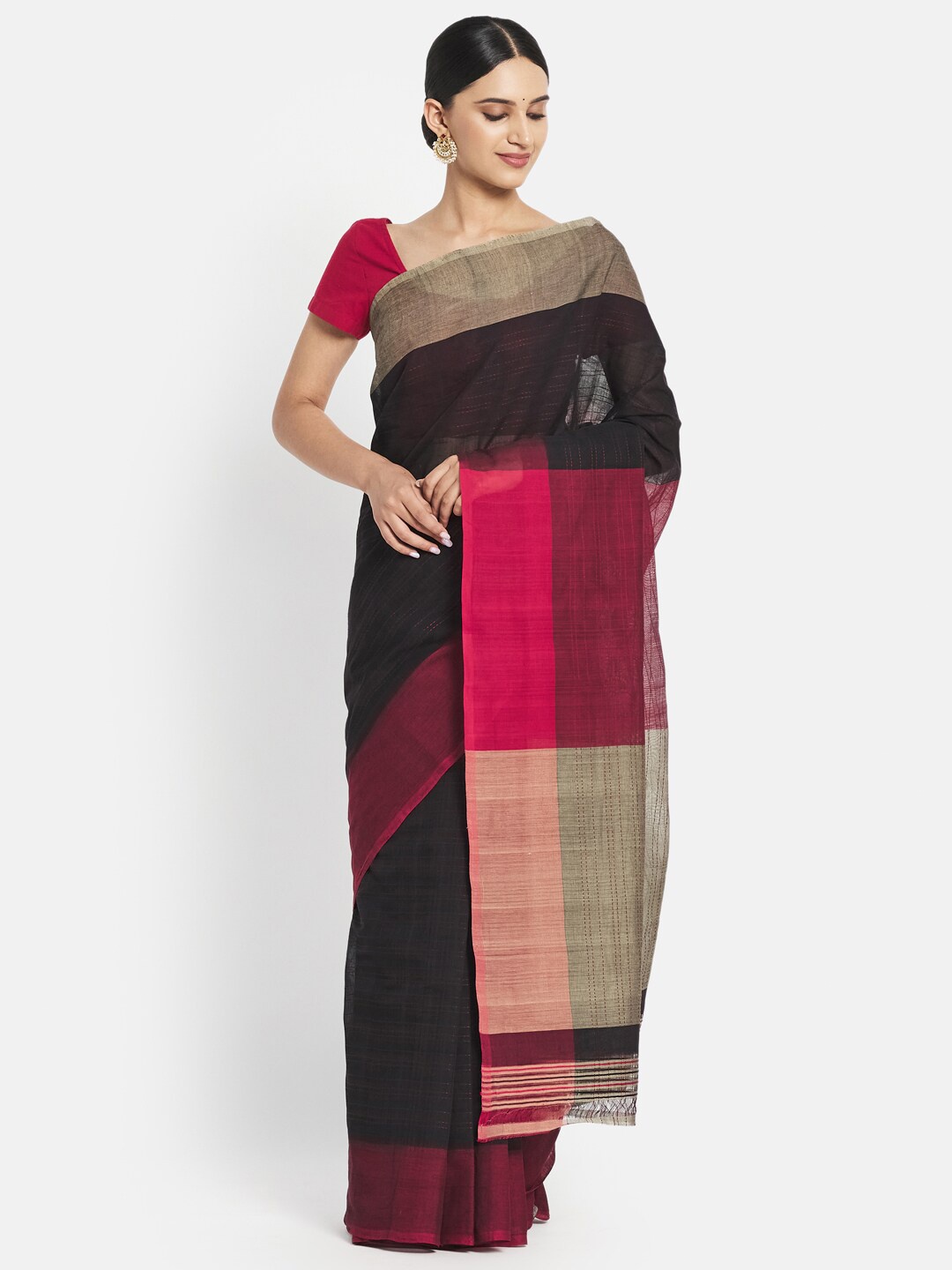 

Fabindia Black & Pink Colourblocked Pure Cotton Saree