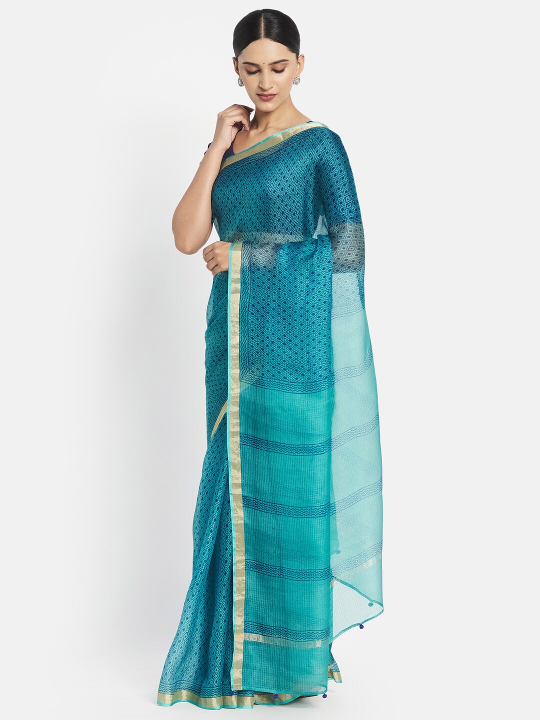 

Fabindia Women Blue & Gold-Toned Striped Zari Pure Silk Block Print Saree