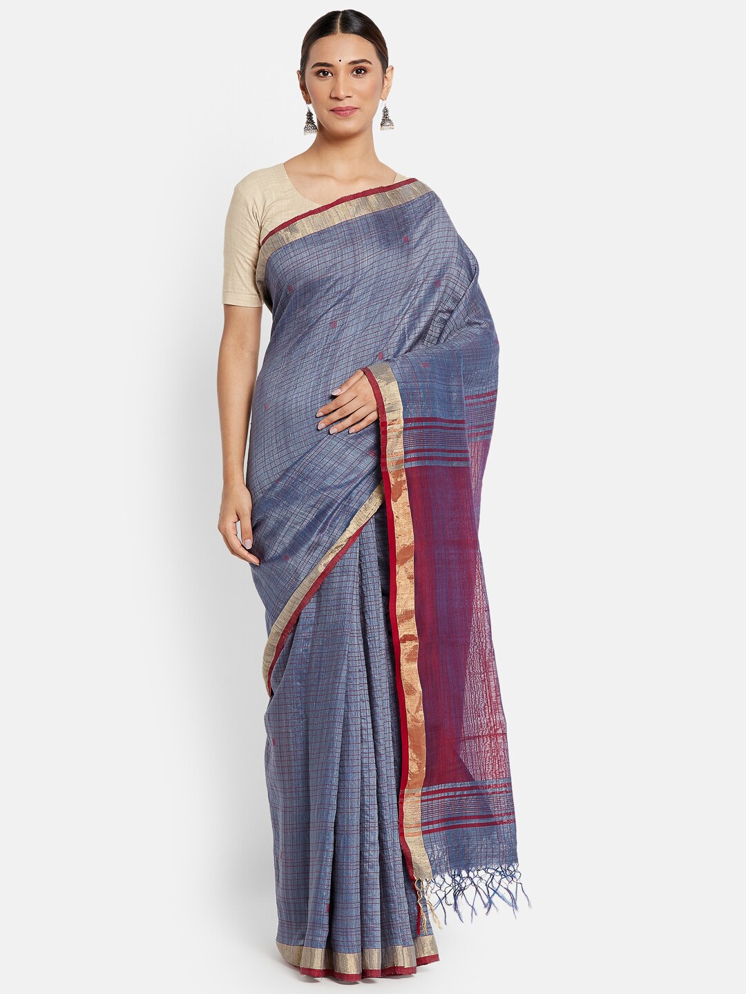 

Fabindia Women Grey & Marron Woven Design Zari Pure Silk Jamdani Saree