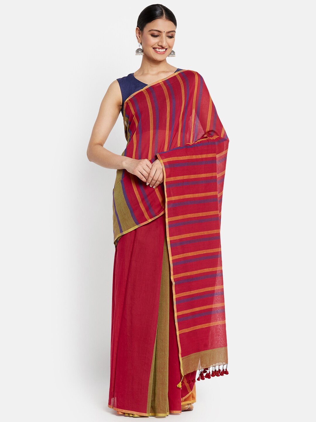 

Fabindia Red & Brown Striped Pure Cotton Saree