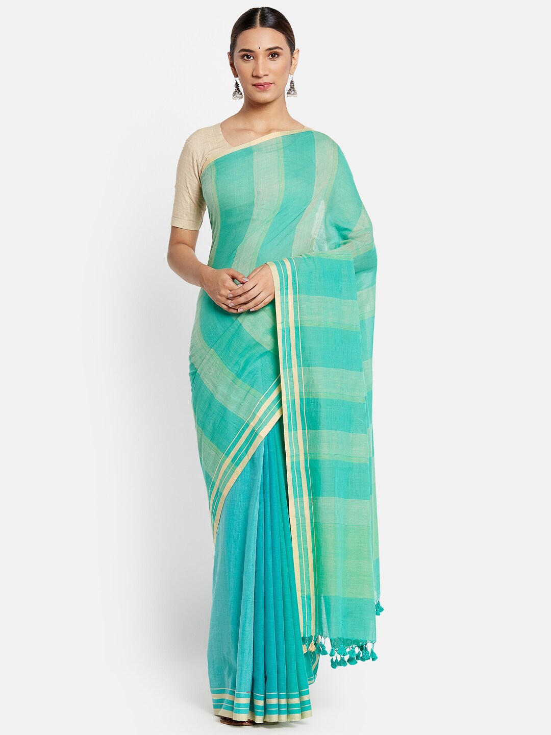 

Fabindia Blue & Beige Striped Pure Cotton Saree