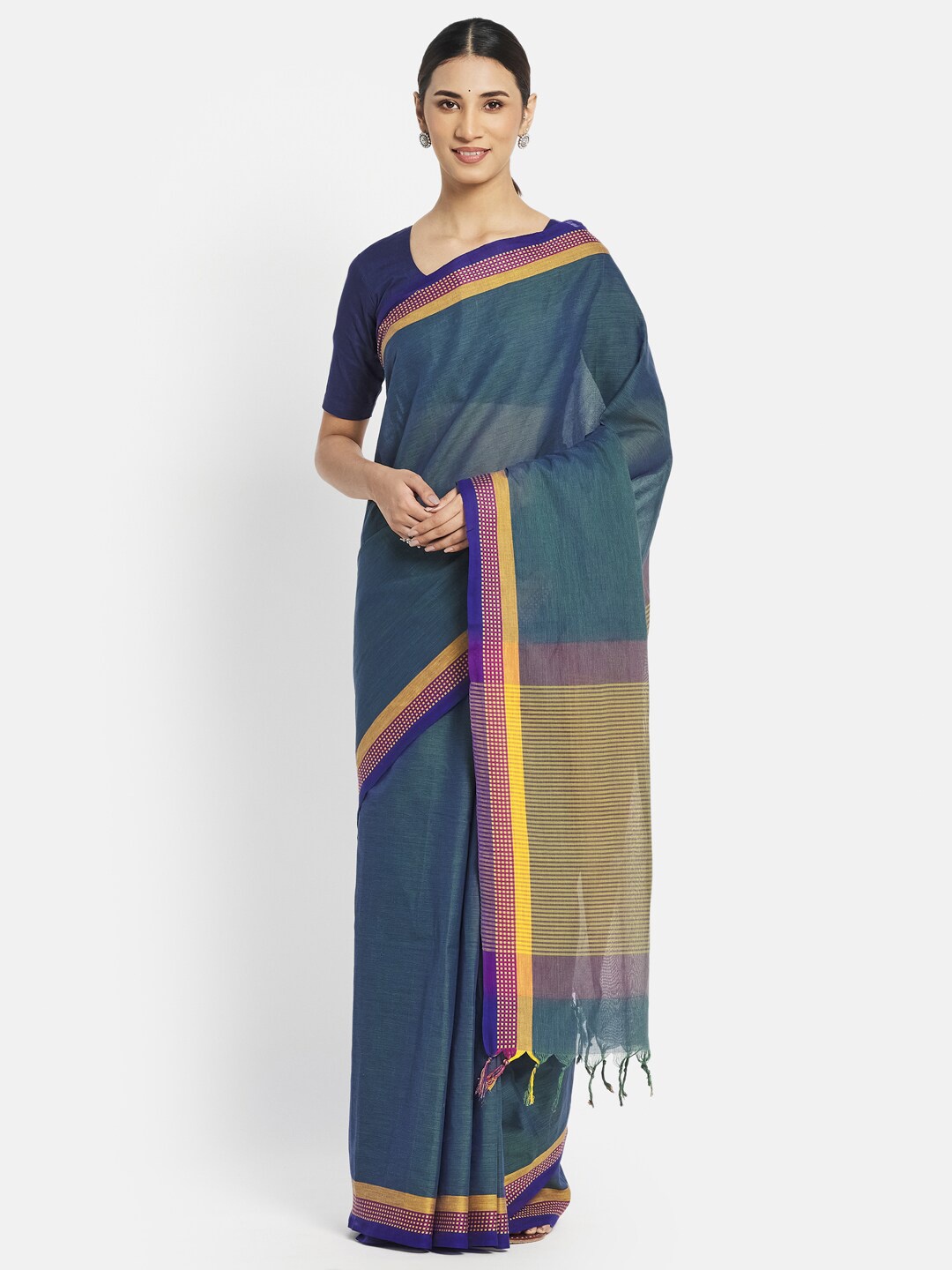 

Fabindia FabBasic Blue & Yellow Woven Design Pure Cotton Saree