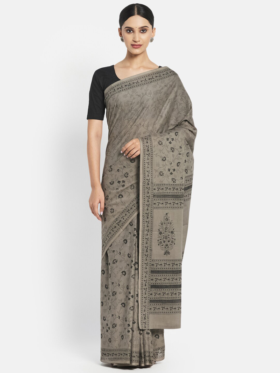 

Fabindia Charcoal Floral Pure Cotton Saree