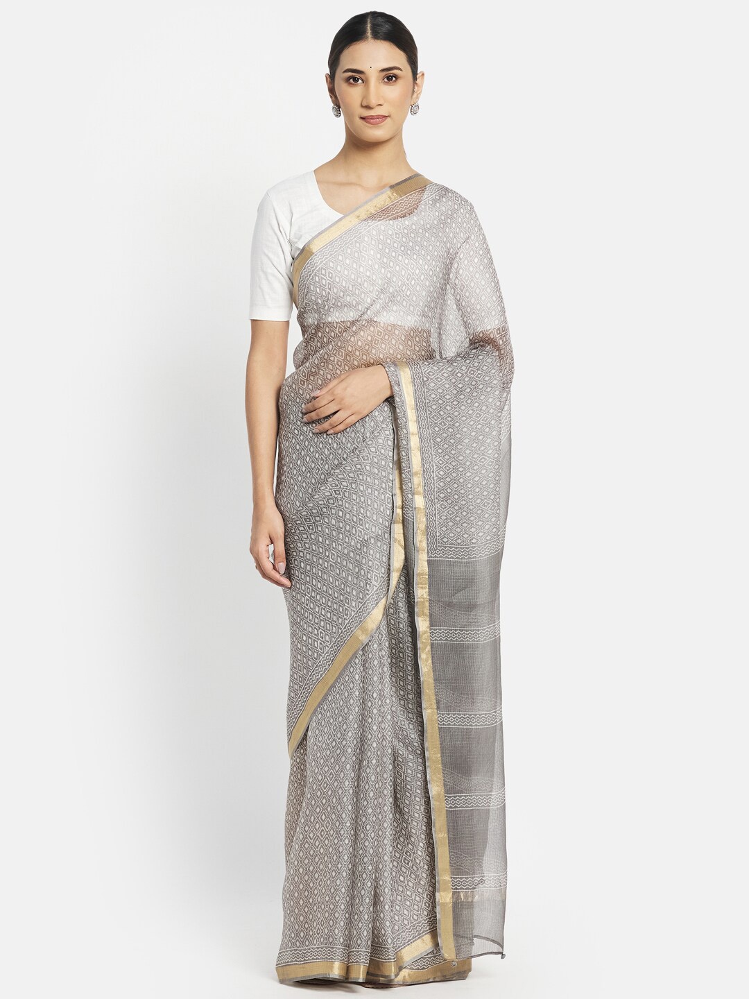 

Fabindia Grey Pure Silk Block Print Saree