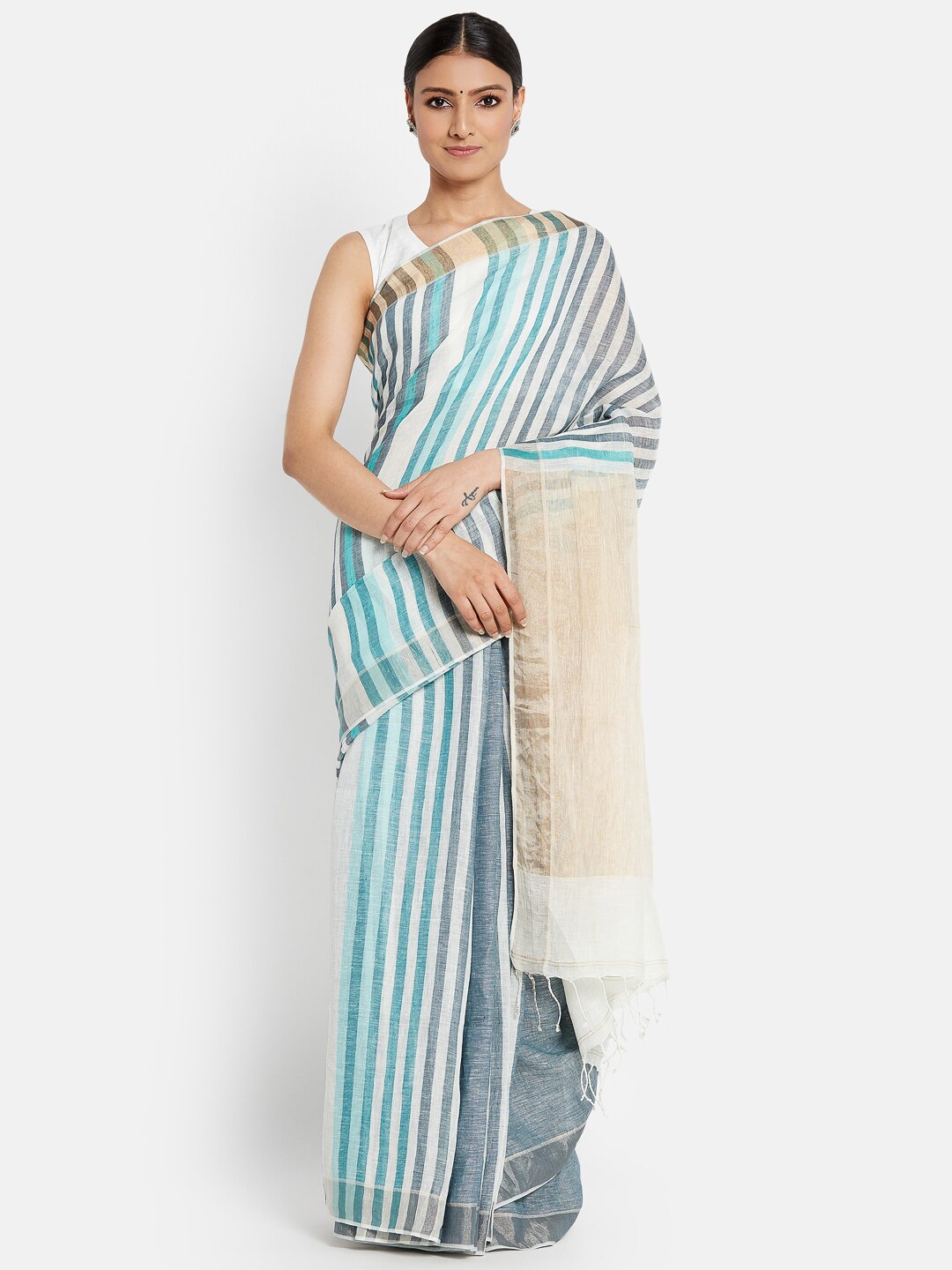 

Fabindia Women Blue & White Striped Linen Woven Sari