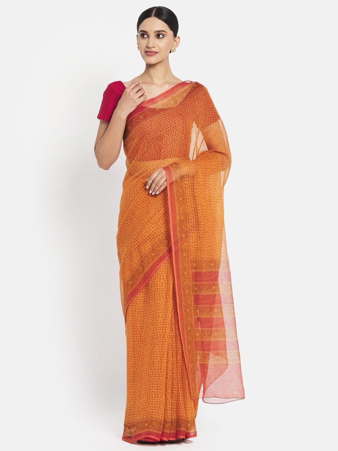 

Fabindia FabBasic Orange & Red Block Print Saree