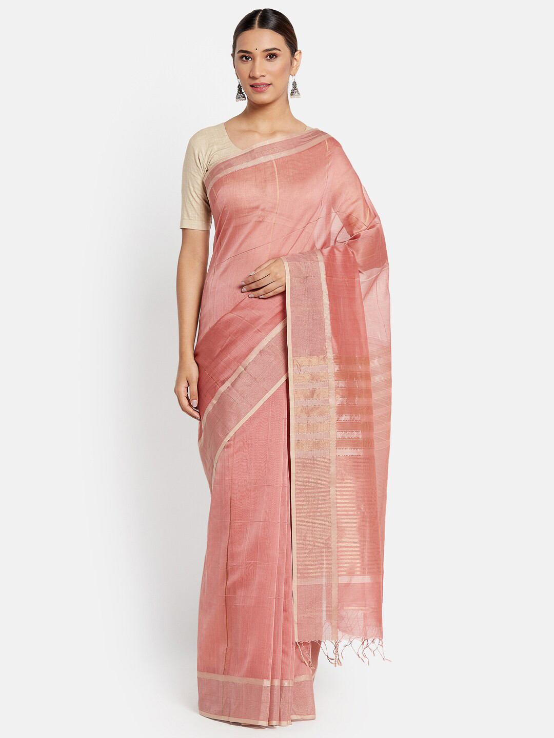 

Fabindia Pink & Gold-Toned Woven Design Maheshwari Saree