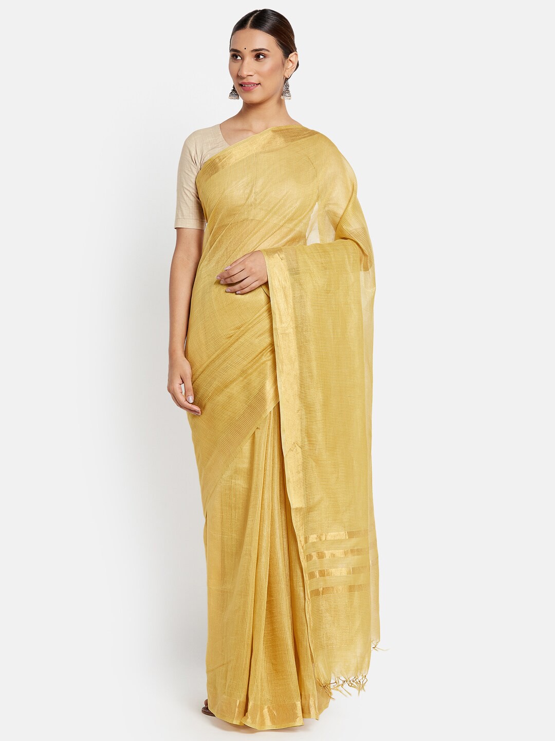 

Fabindia Yellow & Gold-Toned Striped Zari Pure Silk Saree